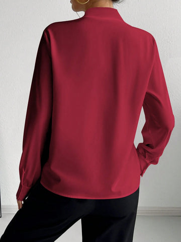 Privé Women's Solid Color Tie Collar Elegant Long Sleeve Blouse