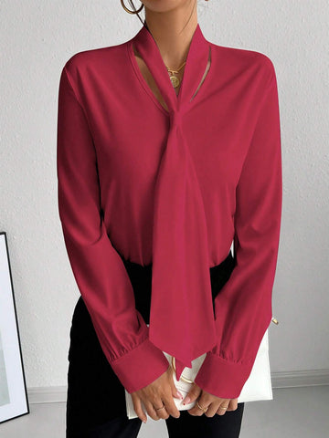 Privé Women's Solid Color Tie Collar Elegant Long Sleeve Blouse