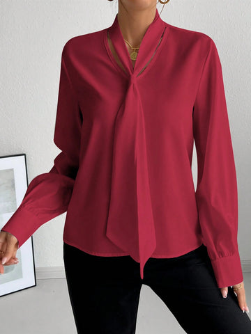 Privé Women's Solid Color Tie Collar Elegant Long Sleeve Blouse