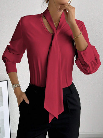 Privé Women's Solid Color Tie Collar Elegant Long Sleeve Blouse