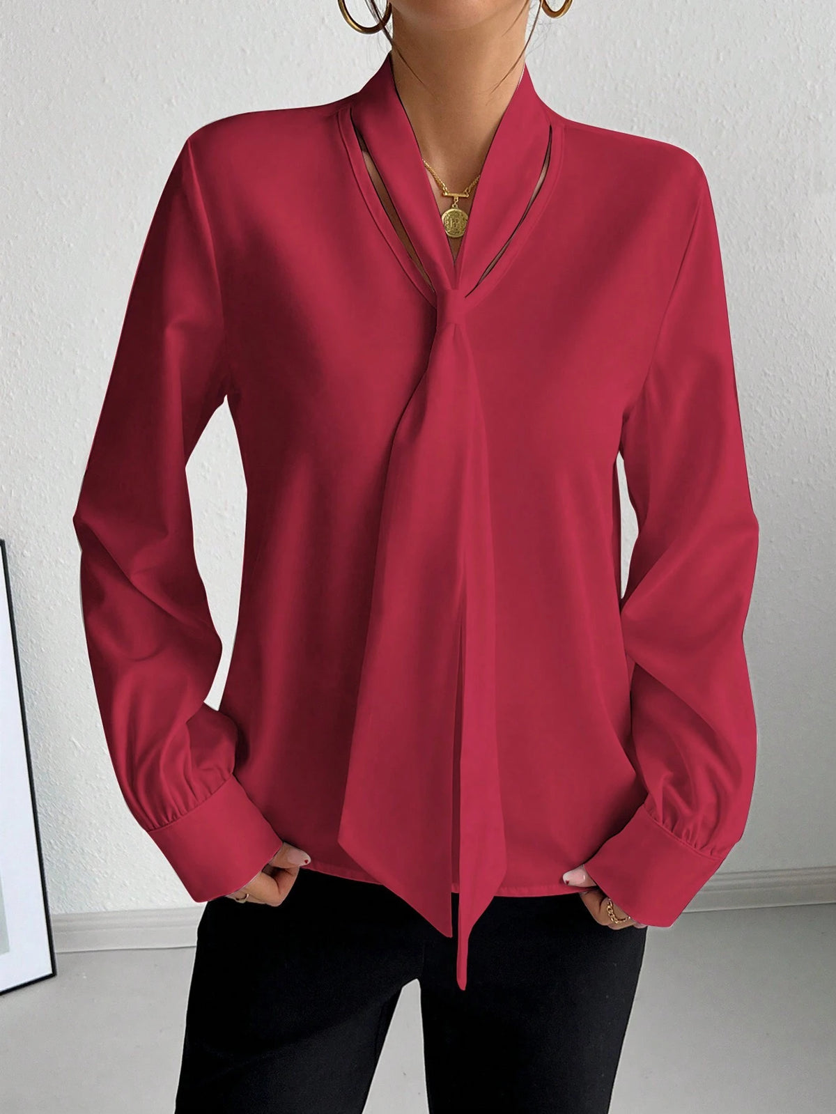 Privé Women's Solid Color Tie Collar Elegant Long Sleeve Blouse