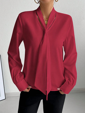 Privé Women's Solid Color Tie Collar Elegant Long Sleeve Blouse