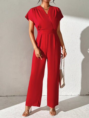 Women's Solid Color V-Neck Batwing Sleeve Jumpsuit With Simple & Elegant High-End Style