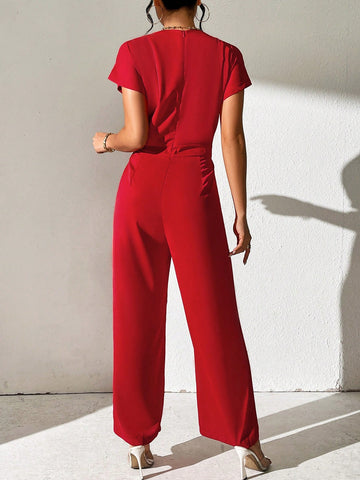 Women's Solid Color V-Neck Batwing Sleeve Jumpsuit With Simple & Elegant High-End Style