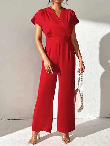 Women's Solid Color V-Neck Batwing Sleeve Jumpsuit With Simple & Elegant High-End Style