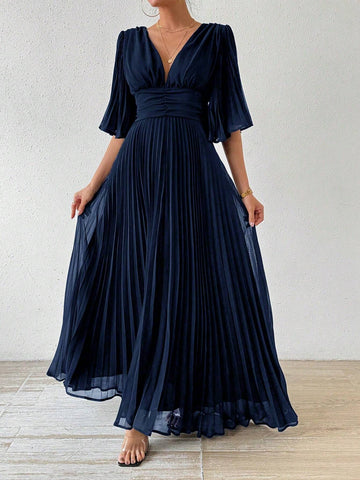 Women's Solid Color V-Neck Dress With Pleated Hem