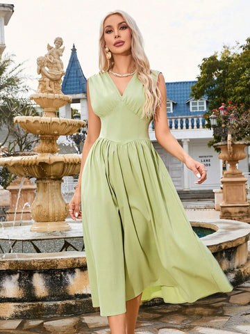Women's Solid Color V-Neck Dress