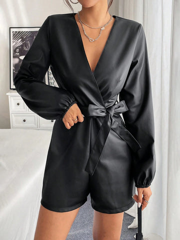 Women's Solid Color V-Neck Long Sleeve Romper With Tie Waist