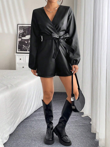 Women's Solid Color V-Neck Long Sleeve Romper With Tie Waist