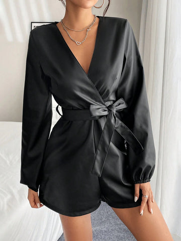 Women's Solid Color V-Neck Long Sleeve Romper With Tie Waist