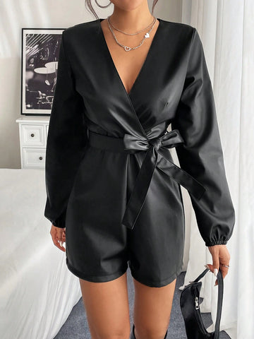 Women's Solid Color V-Neck Long Sleeve Romper With Tie Waist
