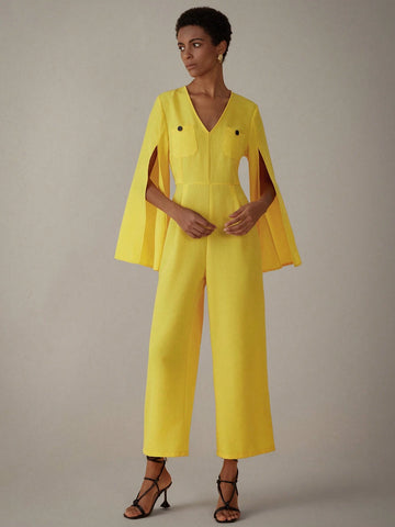 Women's Solid Color V-Neck Split Sleeve Jumpsuit, Summer