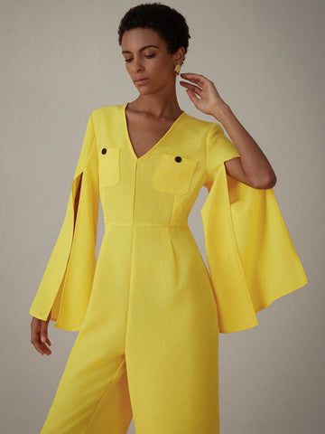 Women's Solid Color V-Neck Split Sleeve Jumpsuit, Summer