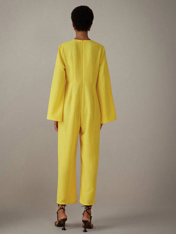 Women's Solid Color V-Neck Split Sleeve Jumpsuit, Summer