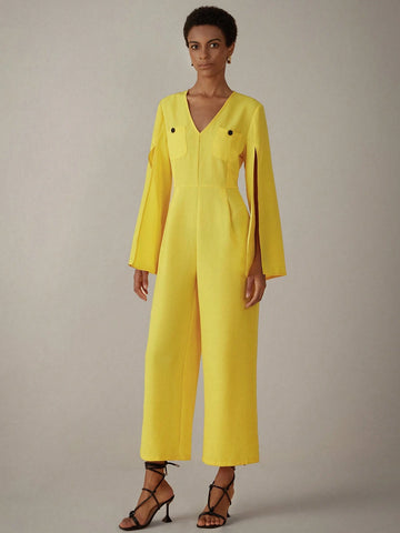 Women's Solid Color V-Neck Split Sleeve Jumpsuit, Summer