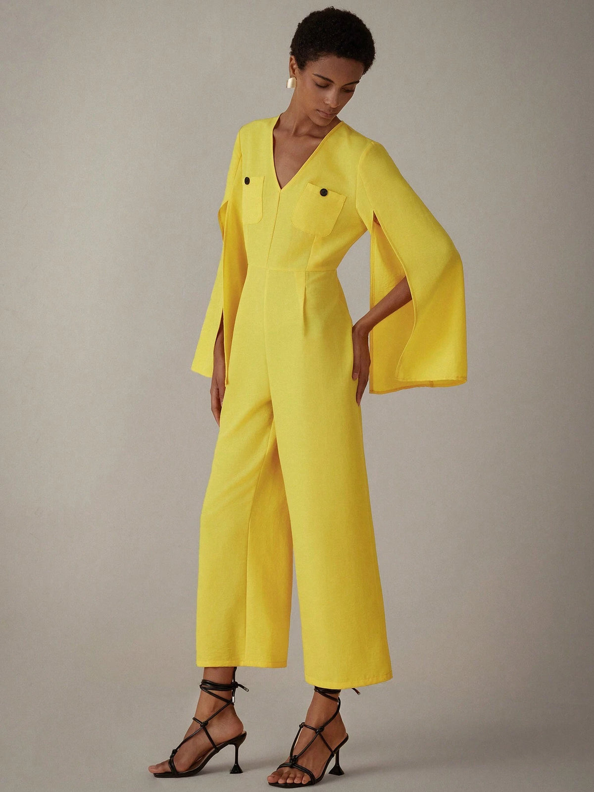 Women's Solid Color V-Neck Split Sleeve Jumpsuit, Summer