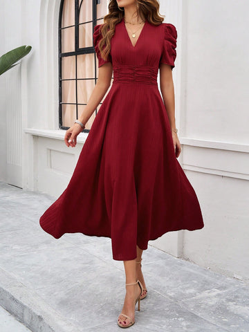 Women's Solid Color V-Neck Waist-Fitting A-Line Dress