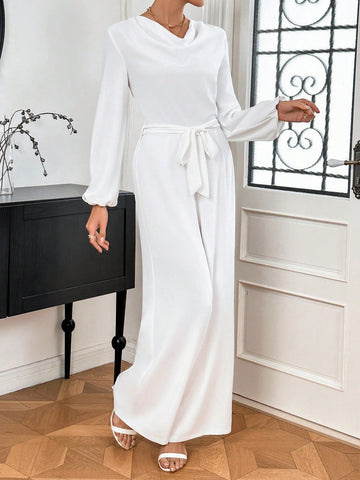 Women's Solid Color V-neck Halter Backless Jumpsuit With Cut Out Detail And Waist Belt