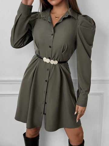 Women's Solid Color Waist Shaping Puff Sleeve Shirt Dress, Spring & Autumn
