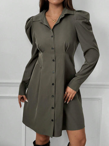Women's Solid Color Waist Shaping Puff Sleeve Shirt Dress, Spring & Autumn