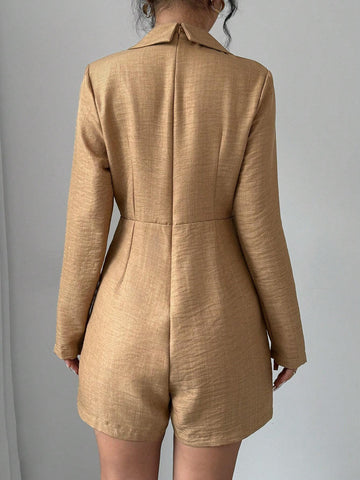 Women's Solid Lapel Long Sleeve Elegant Jumpsuit, Spring Autumn