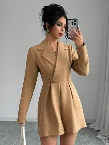 Women's Solid Lapel Long Sleeve Elegant Jumpsuit, Spring Autumn