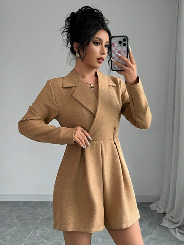 Women's Solid Lapel Long Sleeve Elegant Jumpsuit, Spring Autumn