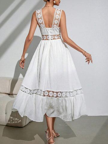 Women's Solid Square Neck Waist Lace Paneling, Ruffle Hem Lace Strap Long Dress, Beach Dress.
