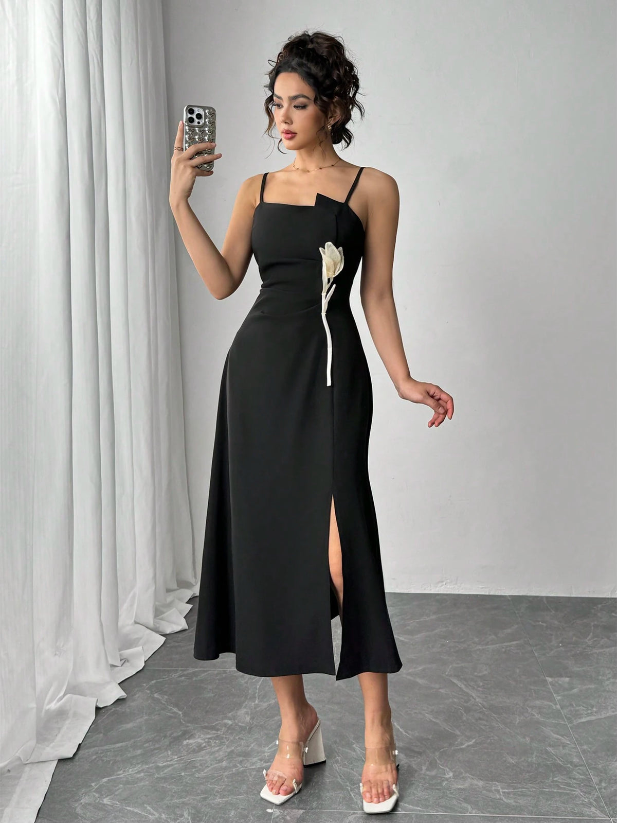 Women's Spaghetti Strap Floral Decor Split Hem Casual Dress