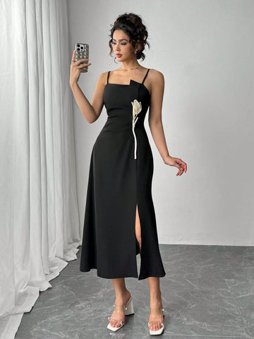 Women's Spaghetti Strap Floral Decor Split Hem Casual Dress