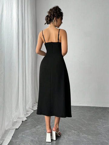 Women's Spaghetti Strap Floral Decor Split Hem Casual Dress