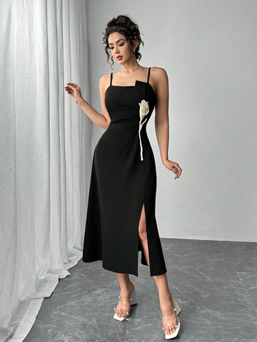 Women's Spaghetti Strap Floral Decor Split Hem Casual Dress