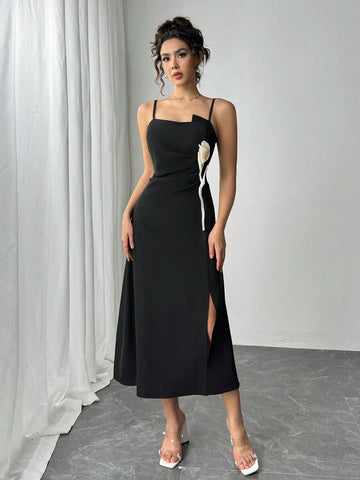 Women's Spaghetti Strap Floral Decor Split Hem Casual Dress