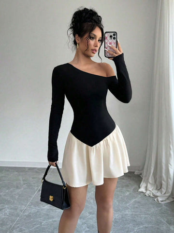 Women's Splice Oblique Shoulder Long-Short Sleeve Dress, Spring & Autumn