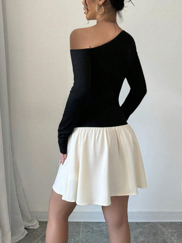 Women's Splice Oblique Shoulder Long-Short Sleeve Dress, Spring & Autumn