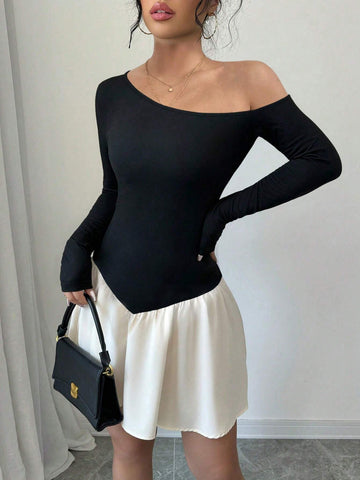 Women's Splice Oblique Shoulder Long-Short Sleeve Dress, Spring & Autumn