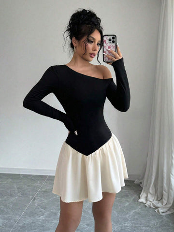 Women's Splice Oblique Shoulder Long-Short Sleeve Dress, Spring & Autumn