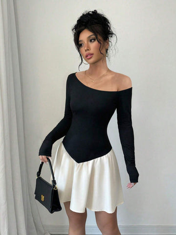 Women's Splice Oblique Shoulder Long-Short Sleeve Dress, Spring & Autumn