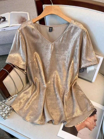 Privé Women's Spring/Summer Casual V-Neck Shirt With Gold Foil Print