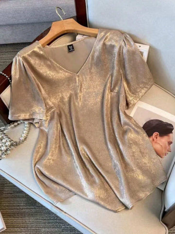 Privé Women's Spring/Summer Casual V-Neck Shirt With Gold Foil Print