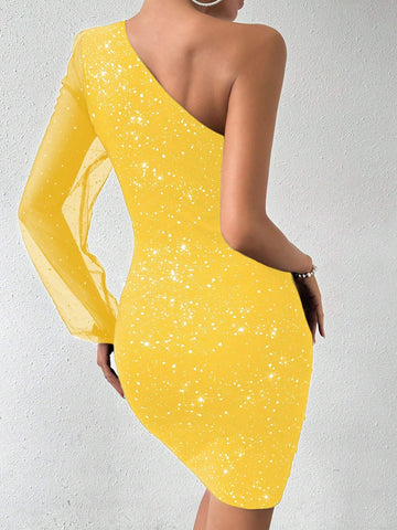 Women's Spring/Summer Party Sequin Mesh Sheer Sleeve Metallic Fabric Bodycon One-Shoulder Dress