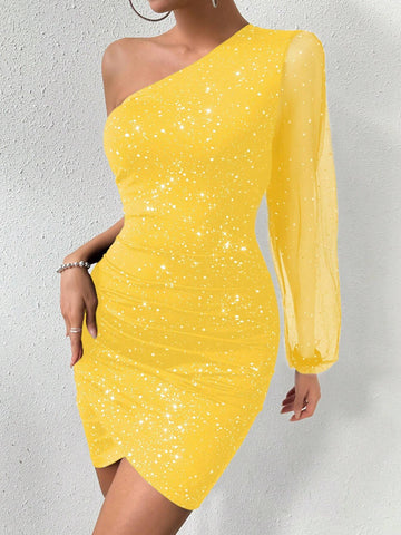Women's Spring/Summer Party Sequin Mesh Sheer Sleeve Metallic Fabric Bodycon One-Shoulder Dress