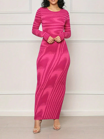 Women's Spring/Summer Striped Round Neck Long Sleeve Bodycon Maxi Dress