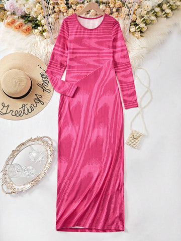 Women's Spring/Summer Striped Round Neck Long Sleeve Bodycon Maxi Dress