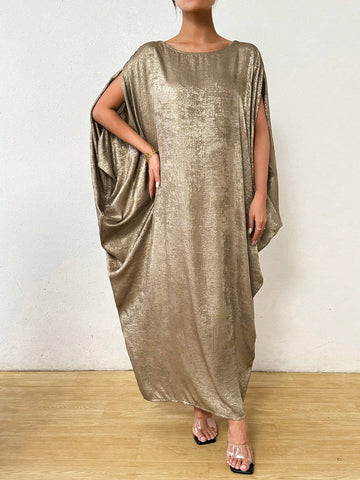 Women's Spring And Summer Solid Color Cape Sleeve Round Neck Long Loose Straight Dress