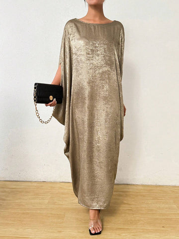 Women's Spring And Summer Solid Color Cape Sleeve Round Neck Long Loose Straight Dress