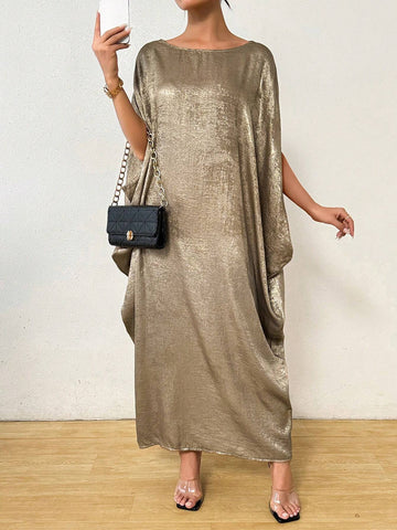 Women's Spring And Summer Solid Color Cape Sleeve Round Neck Long Loose Straight Dress