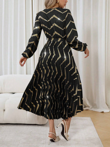 Women's Spring & Summer V-Neck Lantern Sleeve Elegant Overlap Striped Foil Dress