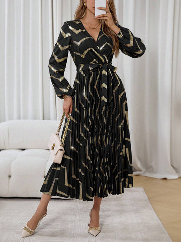 Women's Spring & Summer V-Neck Lantern Sleeve Elegant Overlap Striped Foil Dress