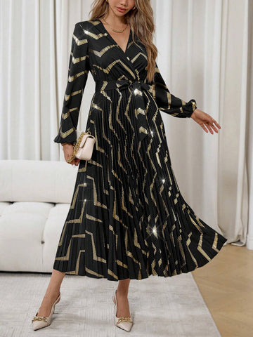 Women's Spring & Summer V-Neck Lantern Sleeve Elegant Overlap Striped Foil Dress